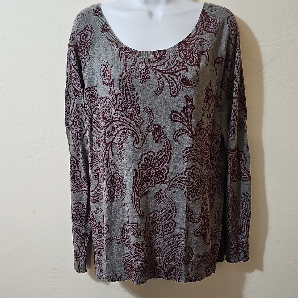 Lucky Brand Gray and Burgundy Paisley Long Sleeve Top
